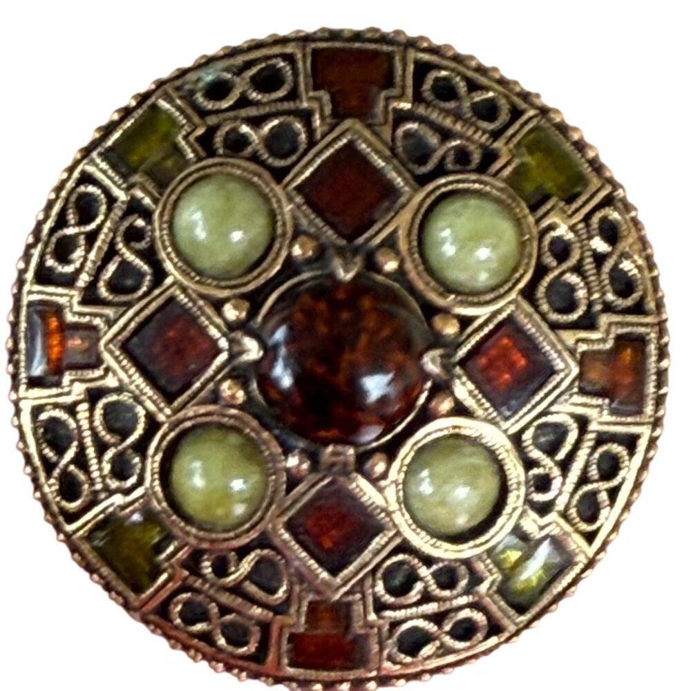 Uncommon VTG Celtic Viking Brooch Signed Miracle Art Glass Stones Fall Autumn